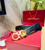 1:1 Ferragamo  Black Leather Belt  with Gold  Logo buckle Horseshoe Buckle 3.5cm